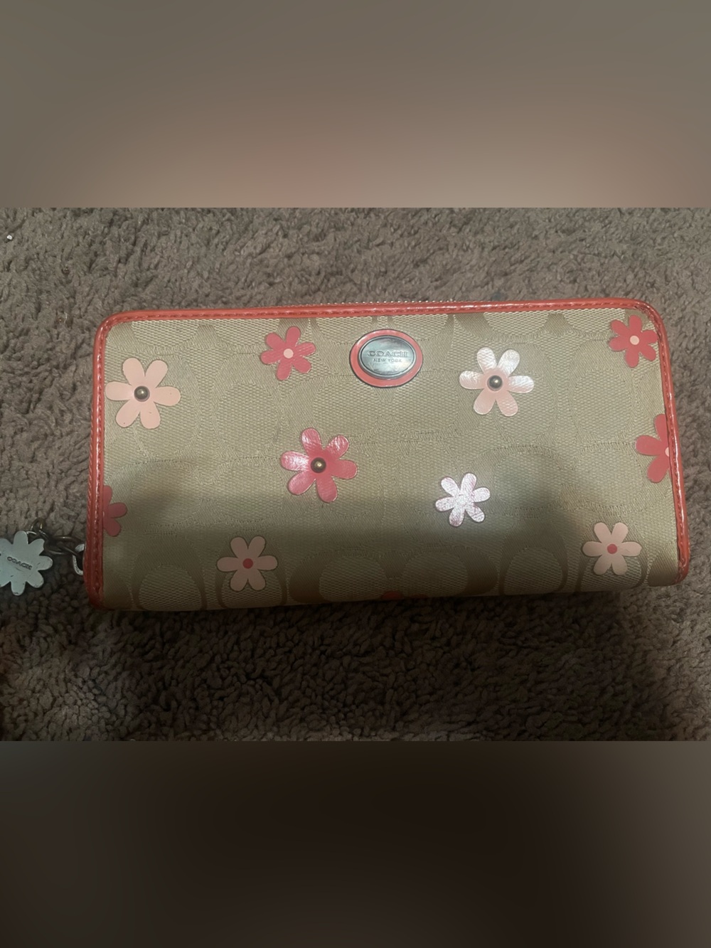 Coach Beige Canvas Zip-Around Wallet with Coral Pink Floral Accents
